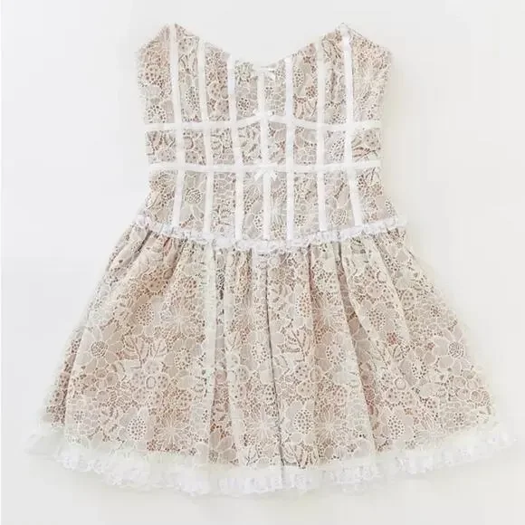 For Love & Lemons Jelena White Tan Lace Strapless Mini Dress Women’s Size Medium - Picture 13 of 14